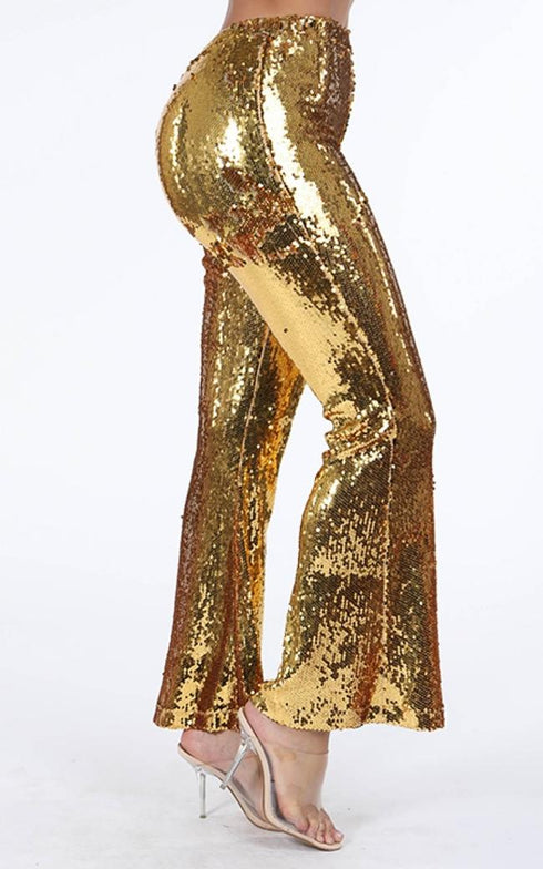 Sequin Flare Bell Bottom Pants - Gold - SohoGirl.com